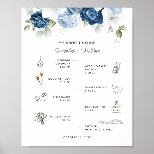 Staubblaues Blumenmodernes Hochzeitsprogramm Poster (Vorne)