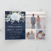 Staubblaues Blumenmuster QR-Code Navy-Hochzeit Einladung (Innenseite)
