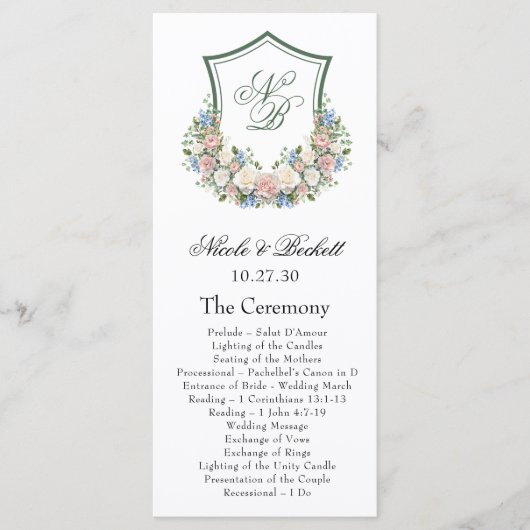 Staubblaues Blumenwappen-Hochzeitsprogramm Programm (Vorderseite)