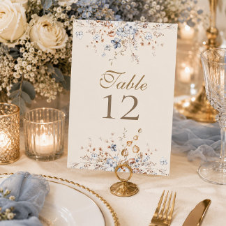 Staubblaues botanisches Hochzeitstischschild Tischnummer