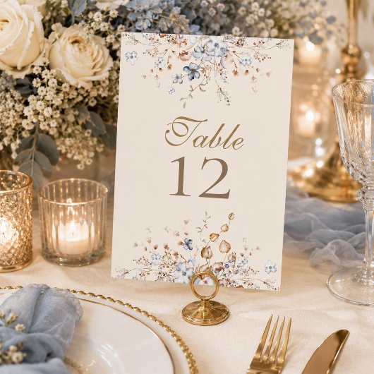 Staubblaues botanisches Hochzeitstischschild Tischnummer