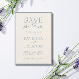 Staubblaues Creme Hochzeit im Stil des alten Gelde Save The Date