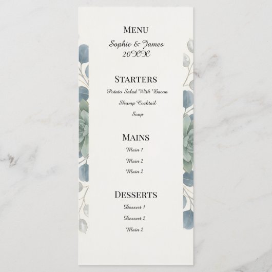 Staubblaues Eukalyptus-Hochzeitsmenü Menükarte (Vorderseite)