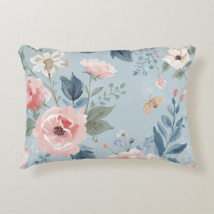 Staubblaues florales Aquarell-Garten-Rosa Blüten Dekokissen