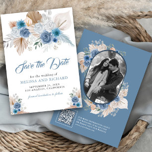 Staubblaues florales Boho-Pampas-Foto-QR-Code Save The Date
