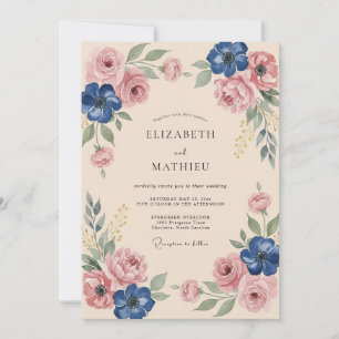 Staubblaues Florales Brautkleid Hochzeit Einladung