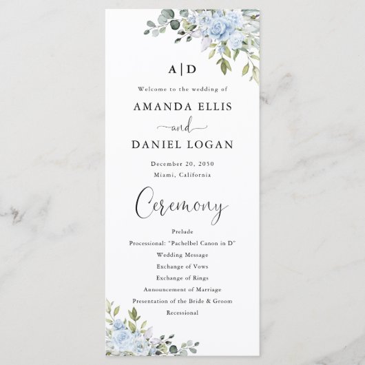 Staubblaues Florales Eukalyptus Hochzeitsprogramm Programm (Vorderseite)