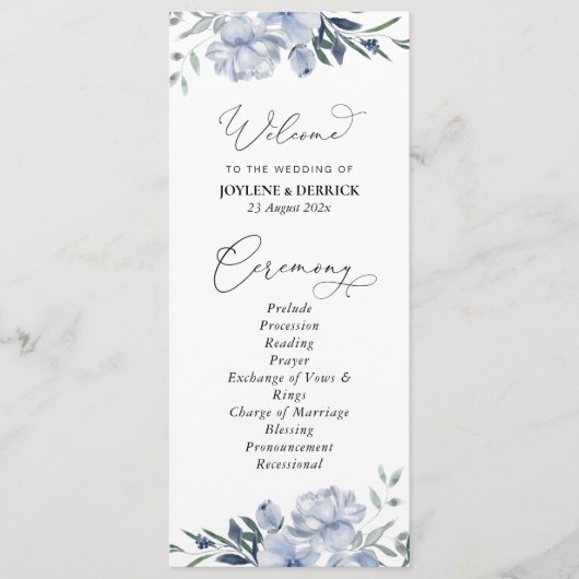 staubblaues florales Hochzeitsprogramm Programm (Vorderseite)