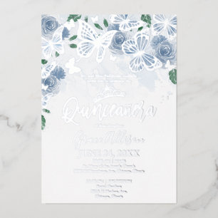 Staubblaues florales Quinceanera-Schmetterling Sil Folieneinladung