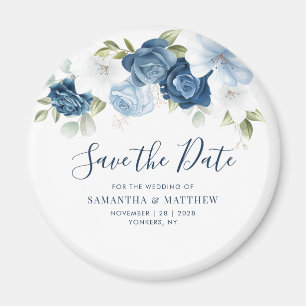 Staubblaues florales Skript Andenken Save the Date Magnet