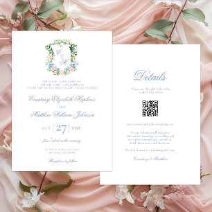 Staubblaues florales Wappen Brautkleid Hochzeit Einladung