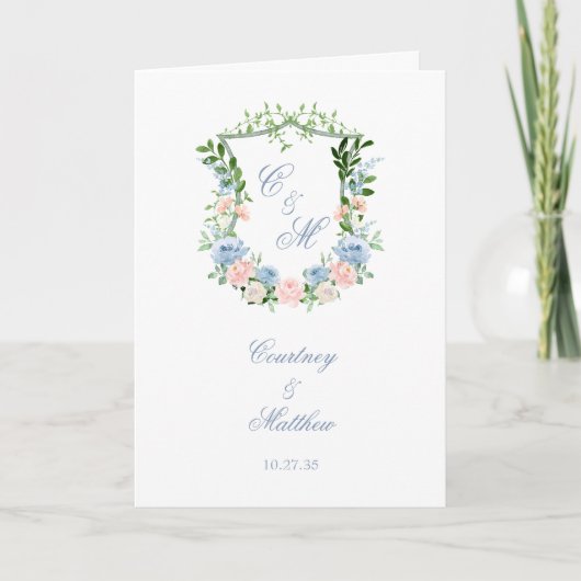 Staubblaues florales Wappen Hochzeit Programm (Vorderseite)