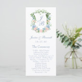 Staubblaues florales Wappen Hochzeit Programm (Stehend Vorderseite)