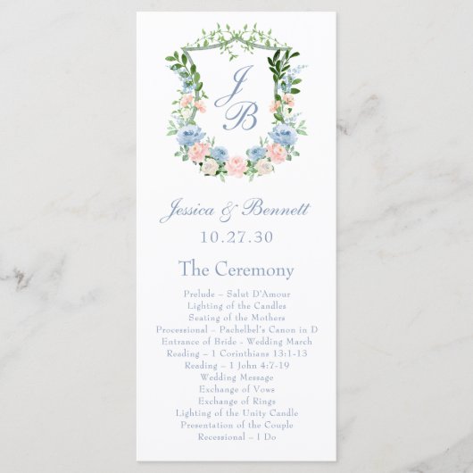 Staubblaues florales Wappen Hochzeit Programm (Vorderseite)