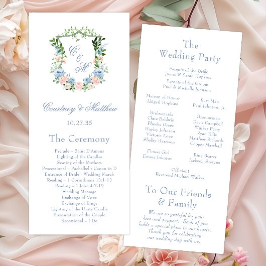Staubblaues florales Wappen Hochzeit Programm