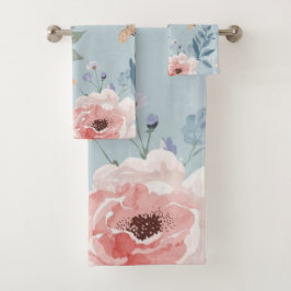 Staubblaues florales Wasserfarben-Garten-Rosa-Blüt Badhandtuch Set