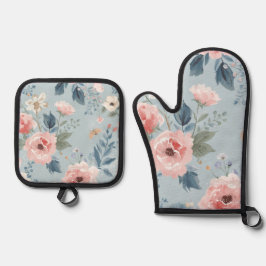 Staubblaues florales Wasserfarben-Garten-Rosa-Blüt Ofenhandschuh & Topflappen-Set