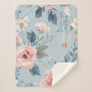 Staubblaues florales Wasserfarben-Garten-Rosa-Blüt Sherpadecke