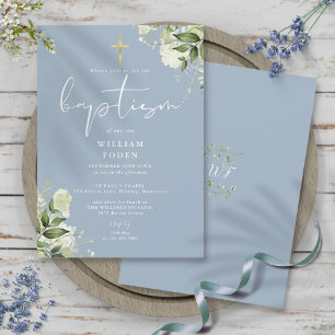 Staubblaues Grün Florales Monogramm Taufe Einladung