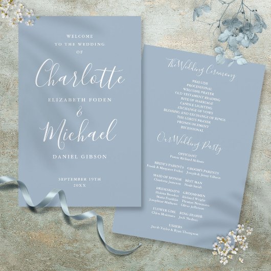 Staubblaues Hochzeitsprogramm mit Unterschriftensk