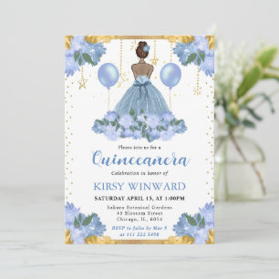 Staubblaues Kleid Dunkle Haut Prinzessin Quinceane Einladung