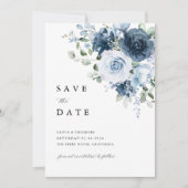 Staubblaues Marine-Wasserfarben-Blumen Elegant Save The Date (Vorderseite)