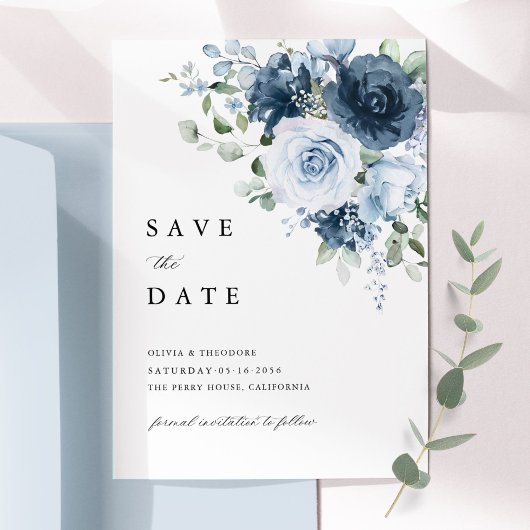 Staubblaues Marine-Wasserfarben-Blumen Elegant Save The Date