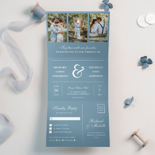 Staubblaues Minimal 3 in 1 Foto Collage Hochzeit Dreifach Gefaltete Einladung