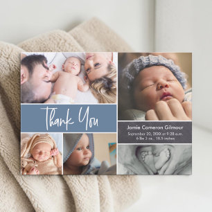 Staubblaues moderne Foto-Collage-Baby-Party Dankeskarte