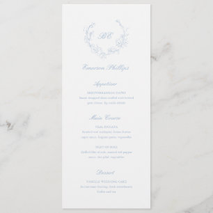 Staubblaues Monogramm Gastname Elegante Hochzeit Menükarte