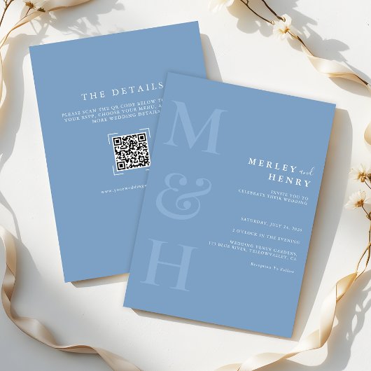 Staubblaues Monogramm QR Code All In One Hochzeit Einladung