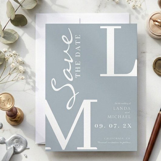 Staubblaues orange stilvolles Monogramm Hochzeit Save The Date