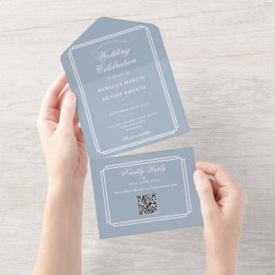 Staubblaues QR-Code-Kunstdekor Monogramm Hochzeit All In One Einladung