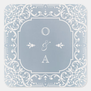 Staubblaues romantisches vintage Hochzeitsmonogram Quadratischer Aufkleber