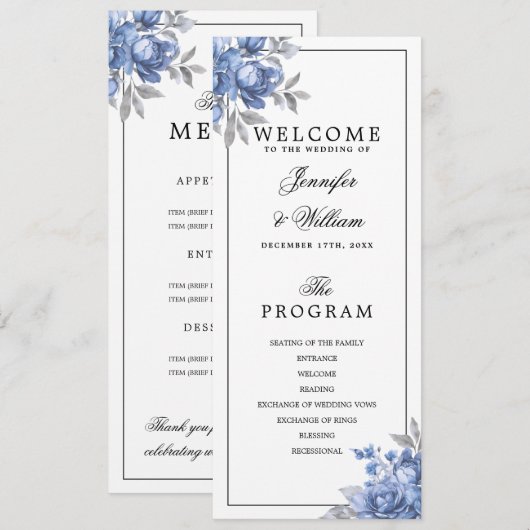 Staubblaues rustikales Blumenhochzeitsprogramm-Men Einladung (Vorne/Hinten)