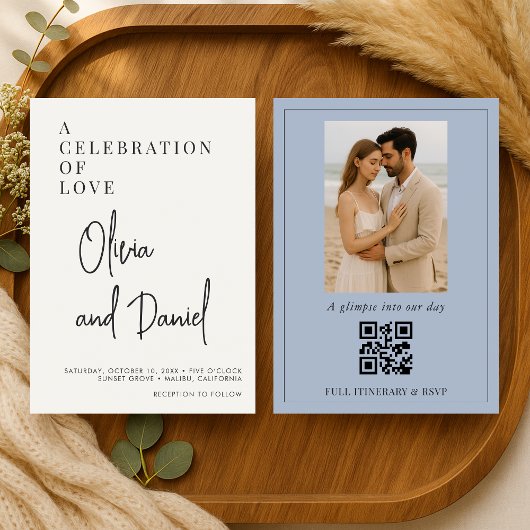 Staubblaues Skript Foto QR Code Hochzeit Einladung