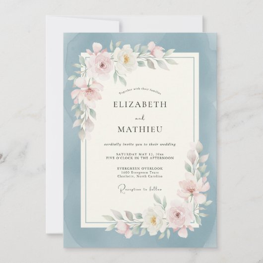 Staubblaues Soft Blossom Bogenhochzeit Einladung (Vorderseite)