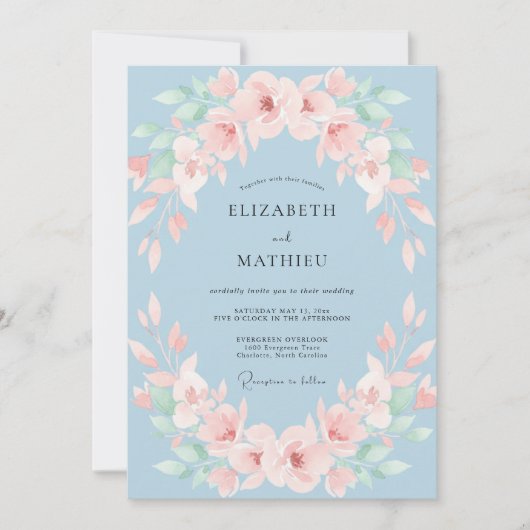 Staubblaues Soft Blossom Hochzeit Einladung (Vorderseite)