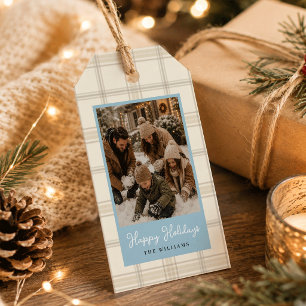 Staubblaues Softbeige-Karo-Foto-Weihnachten Geschenkanhänger