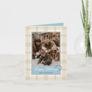 Staubblaues Softbeige-Karo-Weihnachten mit zwei Fo Feiertagskarte