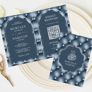 Staubblaues Tuffmuster QR-Code Muslimische Hochzei Einladung