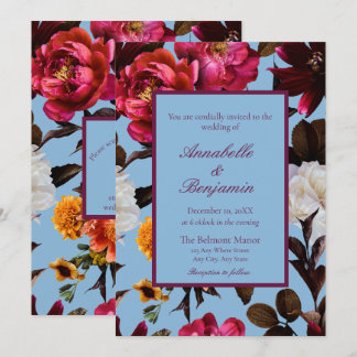 Staubblaues und burgunderrotes florales Hochzeits- Einladung