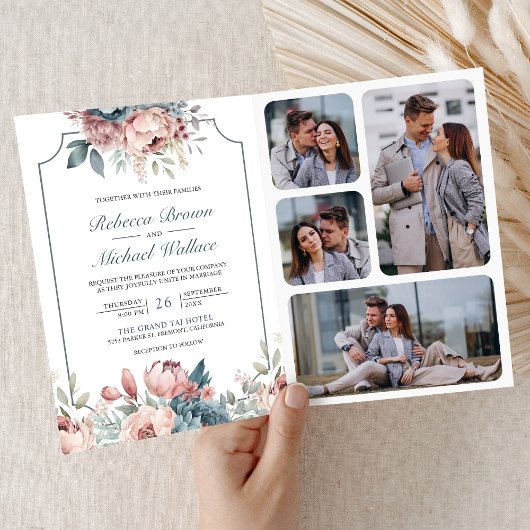 Staubblaues und Rosa Blumenhochzeit mit QR-Code Einladung