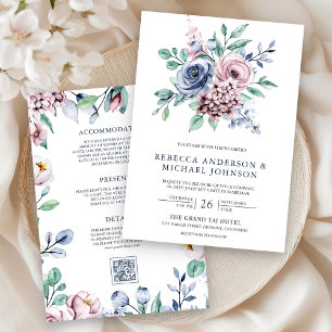 Staubblaues und Rosa Blumenhochzeit mit QR-Code Einladung