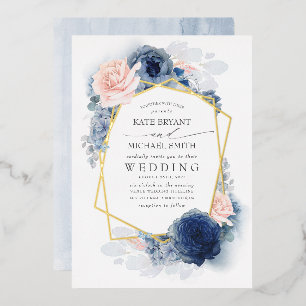 Staubblaues und rosa florales botanisches Hochzeit Folieneinladung