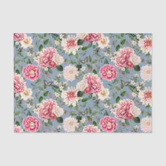 Staubblaues und rosafarbenes Landblumenmuster Seidenpapier