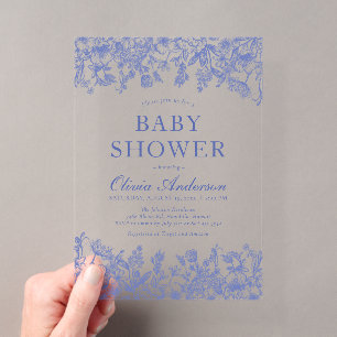Staubblaues Vintage-Blumen-Chinoiserie-Baby-Shower Acryleinladungen