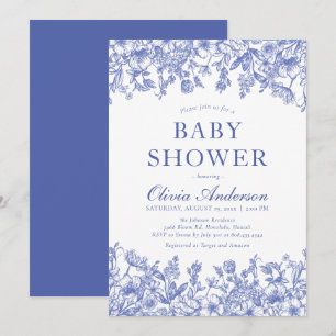 Staubblaues Vintage-Blumen-Chinoiserie-Baby-Shower Einladung