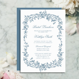Staubblaues Vintage-Blumen-Skript Braut-Luncheon Einladung