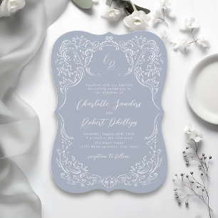 Staubblaues Vintage-Schwung-Monogramm-Hochzeit Einladung